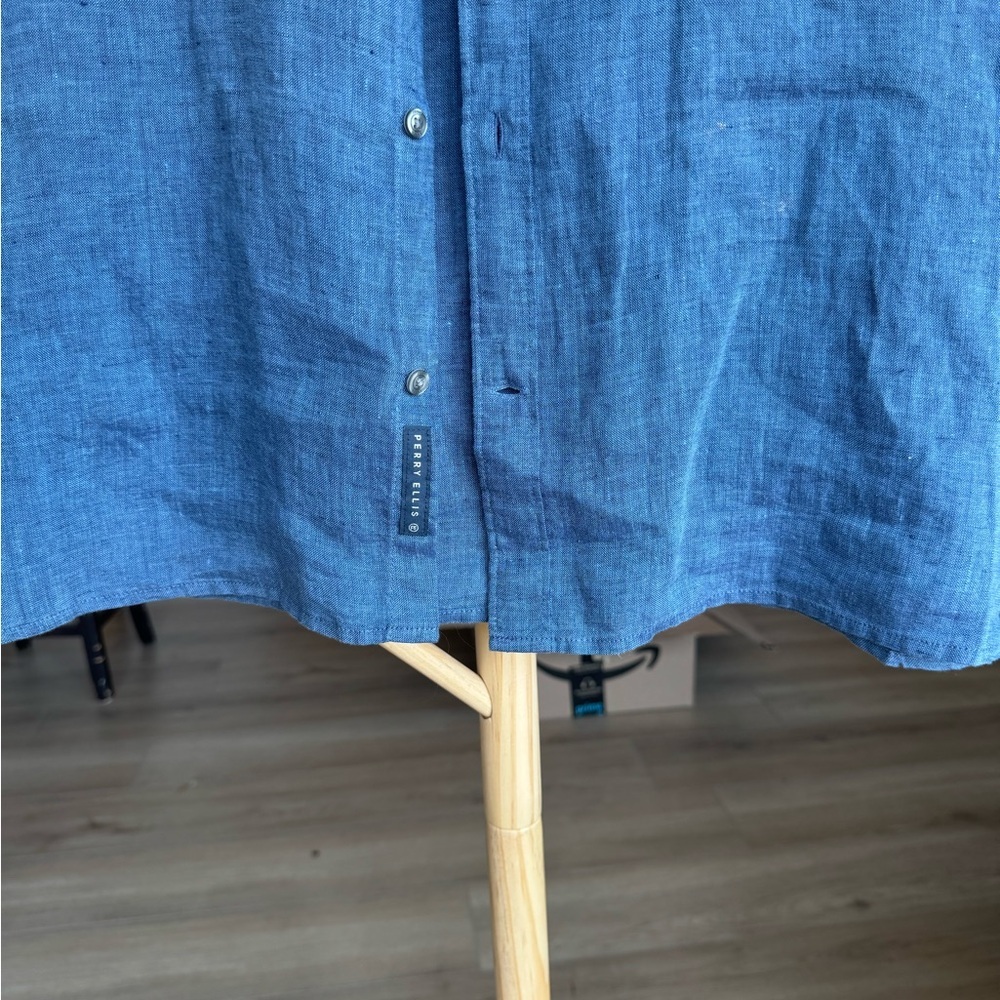 Perry Ellis Linen Blue Mens XL Button Down Short SleeveCoastal Vacation ShirtNWT - Picture 14 of 14